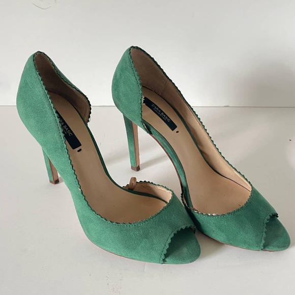 Zara Scalloped Green Peep Toe Sandal Heels, Size 38 🔴 - Picture 3 of 7